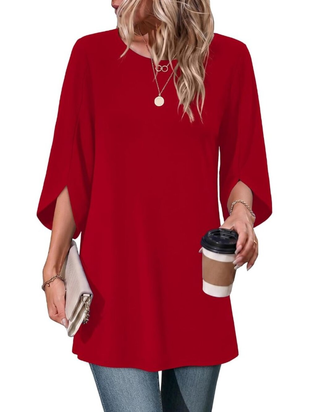 Women's Red 3 4 Length Sleeve Boho Crew Neck Casual Tops Imported T Shirts